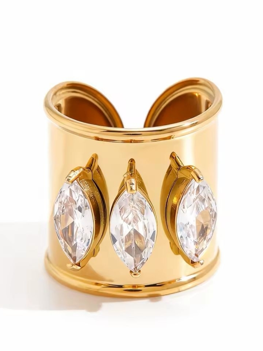 Flexible Gold Wide Ring with Clear Marquise Stones - Picture 3 of 7